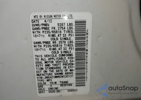 2012 Nissan Murano Sv из США, поврежденный, VIN JN8AZ1MW6CW230131